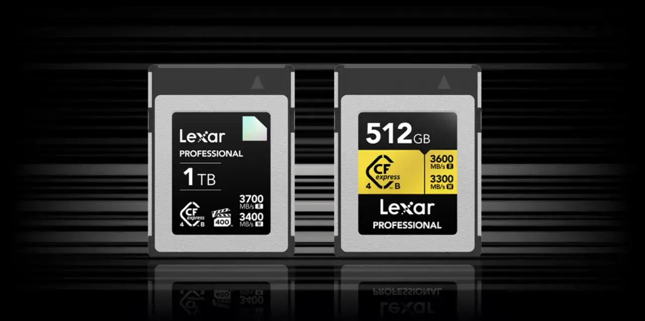 Dwie karty Lexar Professional CFexpress: 1TB i 512GB, oferujące błyskawiczne prędkości zapisu i odczytu dla profesjonalistów.