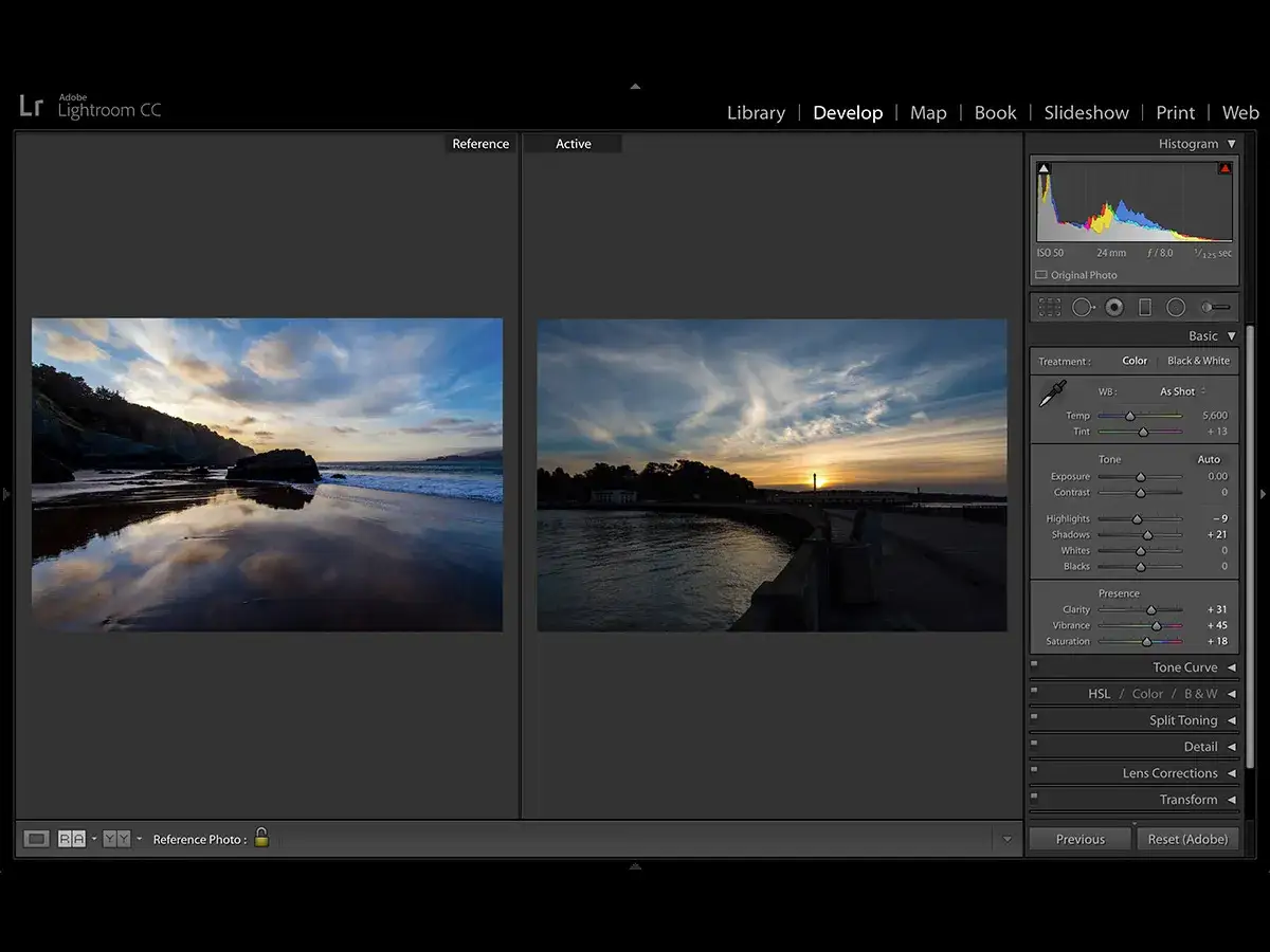 Edycja zdjęć w Adobe Lightroom CC, gdzie można uzyskać licencję wieczystą. Widok porównawczy dwóch krajobrazów o zachodzie słońca.