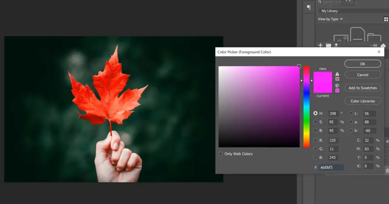 Adobe Photoshop interfejs, zmiana koloru, przed i po
