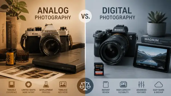Analogowa fotografia z rolkami filmu i aparatem Pentax kontra cyfrowa z aparatem Sony i kartą pamięci.