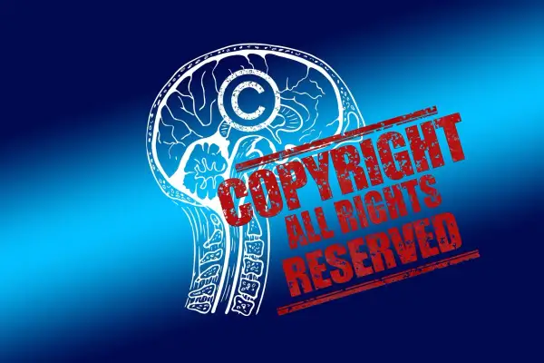 Stylizowany mózg z symbolem © i czerwonym stemplem "COPYRIGHT ALL RIGHTS RESERVED" podkreśla prawa autorskie do zdjęć.