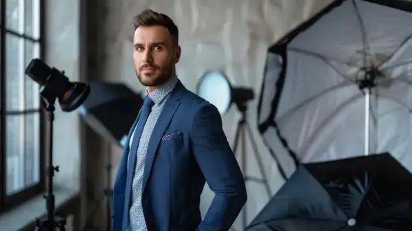 Elegancki mężczyzna w garniturze pozuje w studiu fotograficznym. W tle widać sprzęt oświetleniowy, idealny do stworzenia profesjonalnego packshotu i cennika.