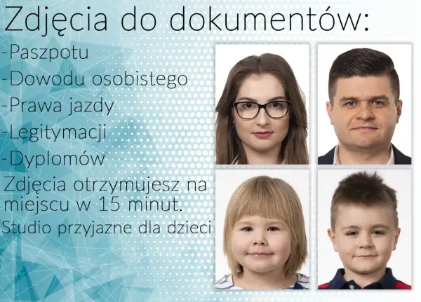 Zdjęcia do dowodu osobistego mogą być w okularach, jak na przykładzie kobiety. Dostępne też zdjęcia do paszportu, prawa jazdy, legitymacji, dyplomów.