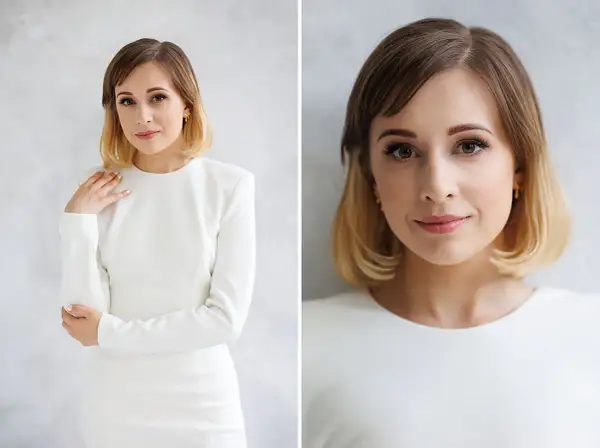 Elegancka kobieta w białej sukience pokazuje, jak pozować do zdjęć na stojąco, z dłonią na ramieniu.