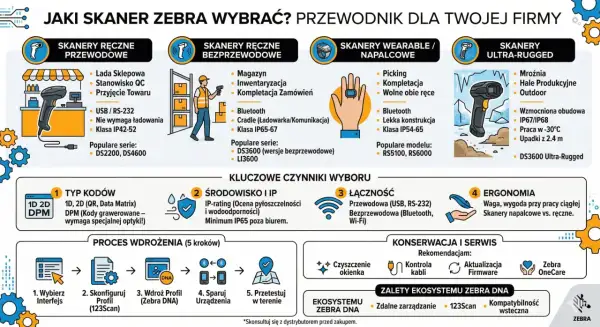 Jaki skaner Zebra wybrać? Przewodnik po typach: ręczne przewodowe, bezprzewodowe, napalcowe i ultra-rugged.