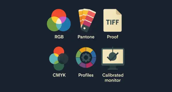 Ikony graficzne: RGB, Pantone, Proof, CMYK, Profiles, Calibrated monitor. Zestaw narzędzi do projektowania graficznego.