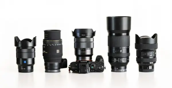 Różne obiektywy do Sony A7 III: szerokokątny Zeiss, makro Sigma, zoom Sony FE 4/16-35, teleobiektyw i jasny obiektyw portretowy.