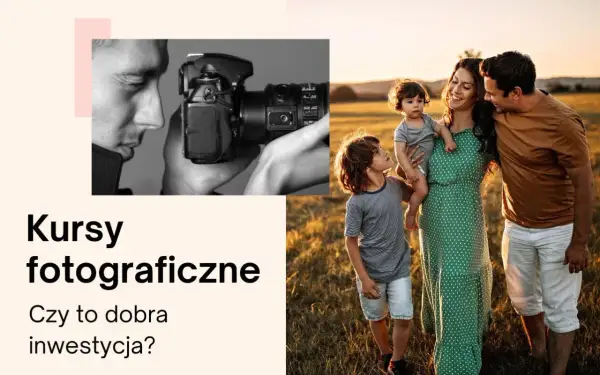 Kursy fotograficzne: mężczyzna z aparatem i szczęśliwa rodzina na tle zachodzącego słońca.
