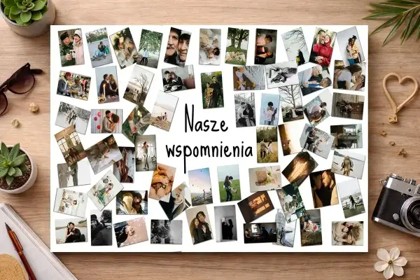 Jak zrobić kolaż ze zdjęć? Na białej tablicy ułożono wiele fotografii przedstawiających pary, rodziny i bliskie chwile.